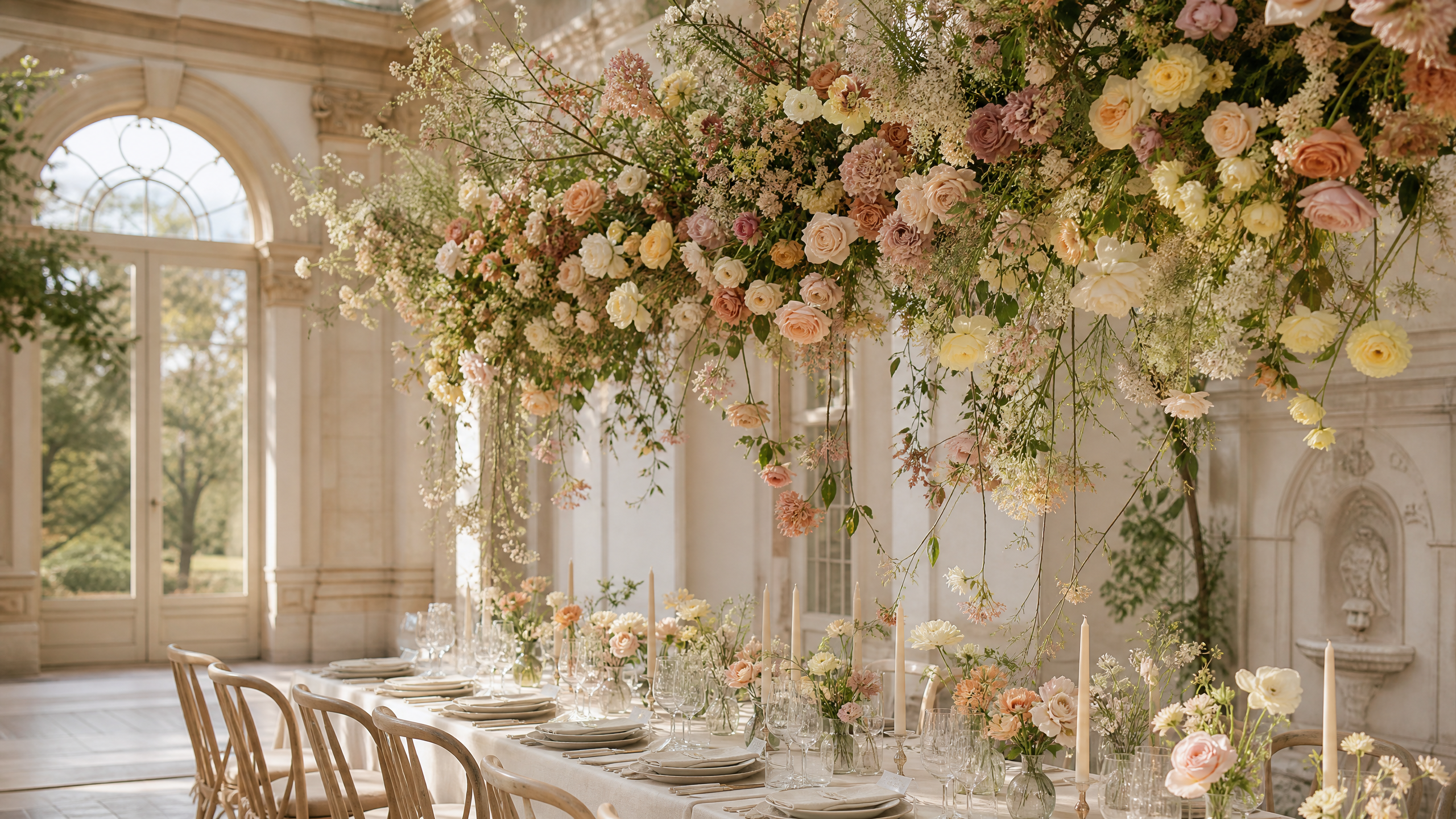 Elegant wedding floral installation above an ivory dinner table